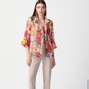 Joseph Ribkoff 10 Multicolor Multi abstract Ruffled Transparent Jacket
